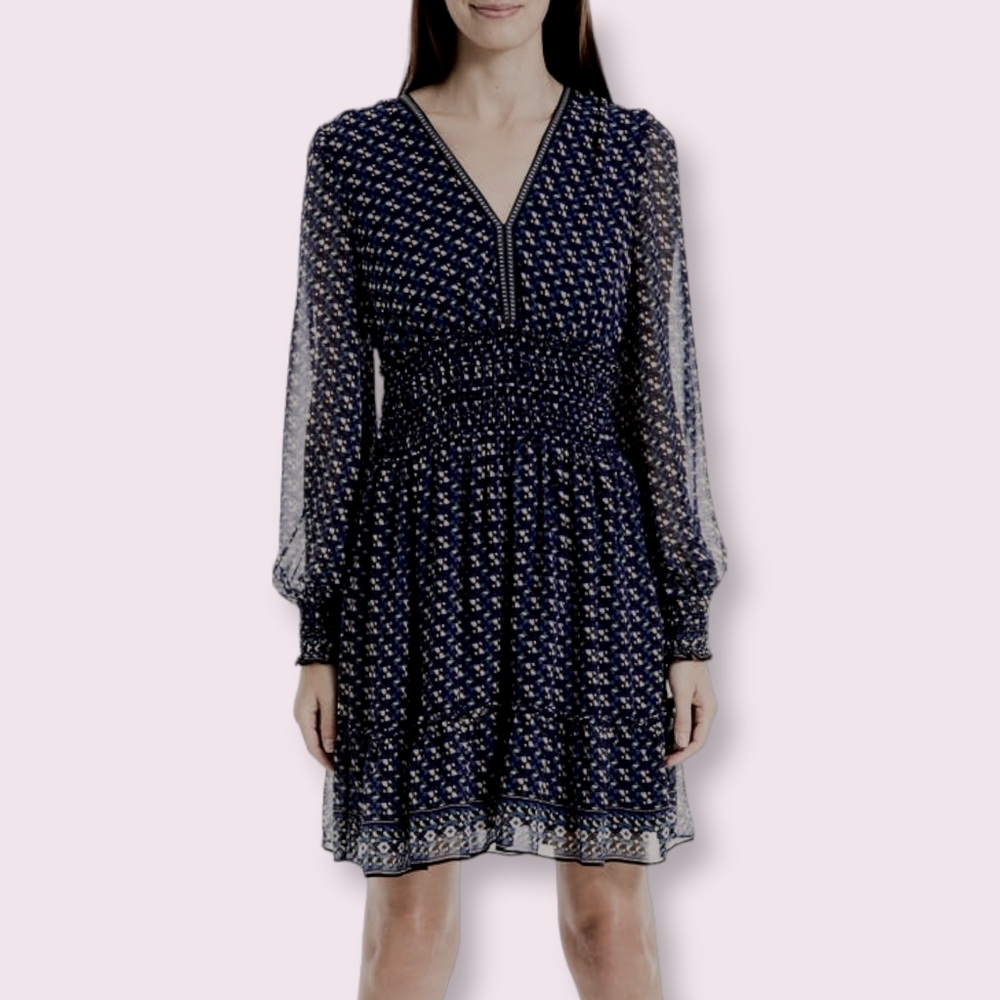 NEW Max Studio Geometric Floral Print Smocked Waist Dress Size M